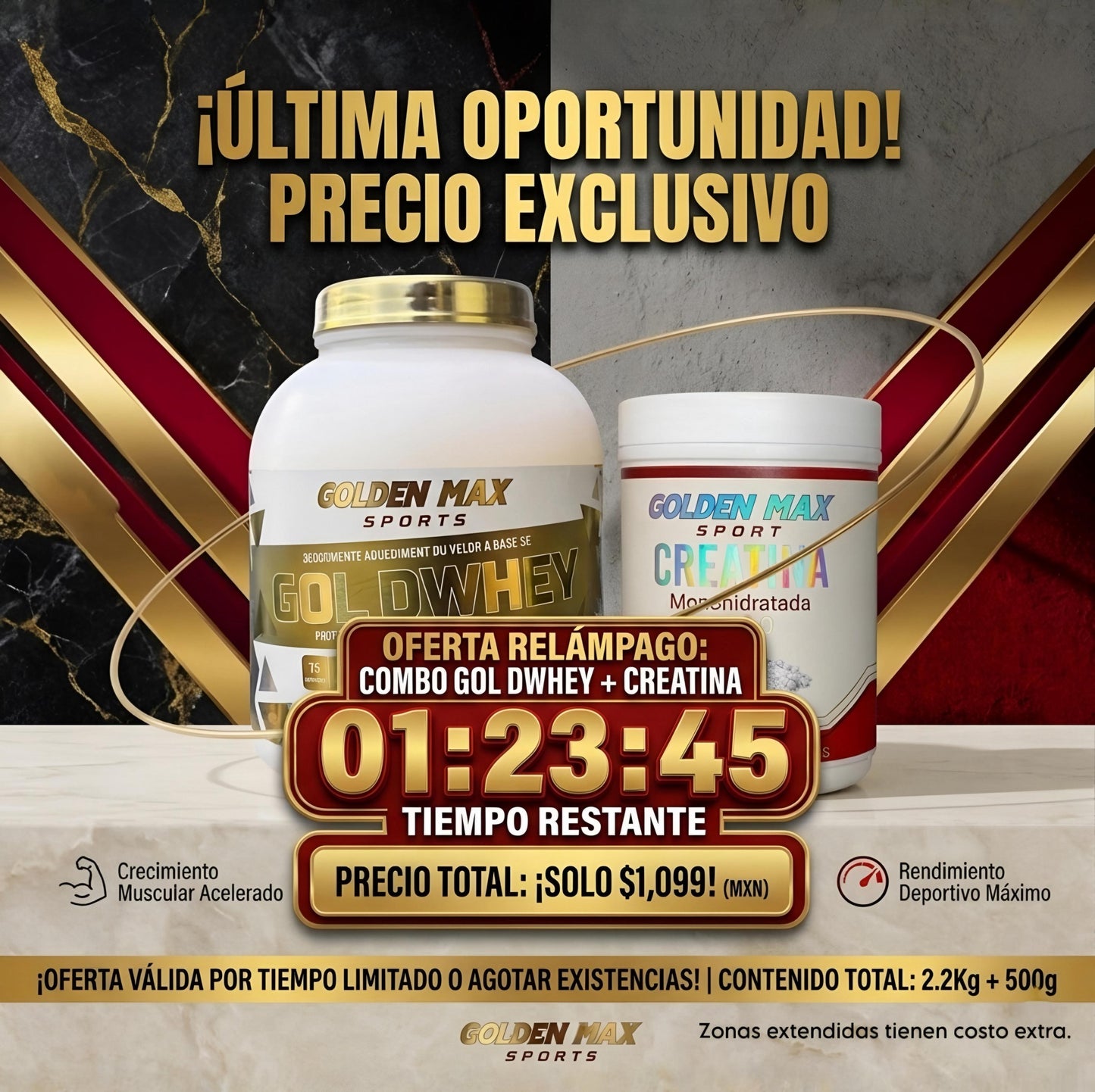 GOLDWHEY 75 SERV + CREATINA MONOHIDRATADA 100 SERV GOLDEN MAX SPORTS